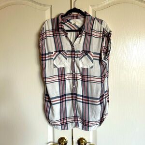 BLL New York plaid cap sleeve pocket front oversized top size Large